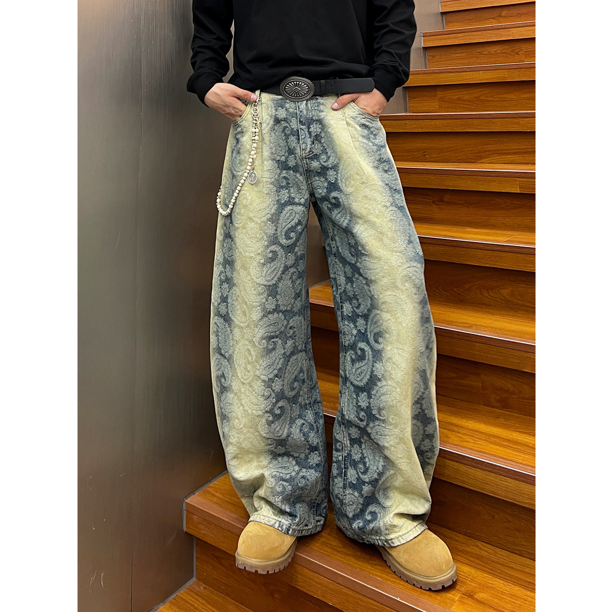 Premium Jacquard Gradient Washed Denim Jeans with Curved Edges and Wide Legs