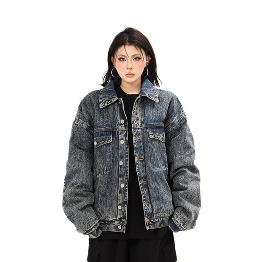 Washed Cotton-Padded Denim Jacket for Women Casual Workwear Style