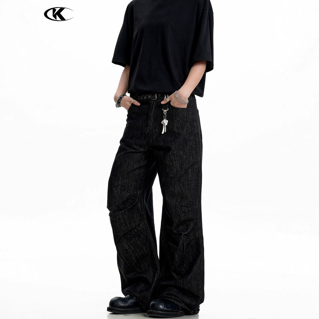 Water-Washed Faded Straight Fit Casual Trousers for Men and Women