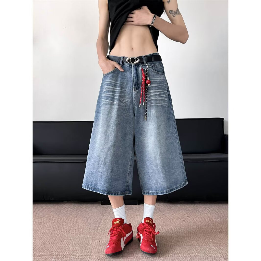 Grid Splicing Denim Seven Inch Loose Straight Tube Wide Leg Shorts