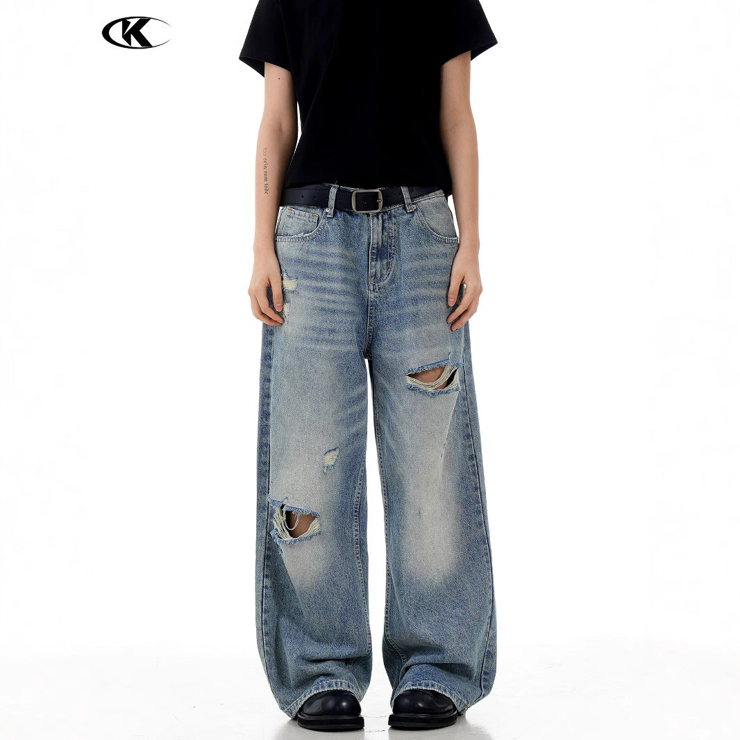 Blue Straight Hole Denim Pants for Men and Women - Loose Fit A-Line Wide Leg Casual Long Trousers