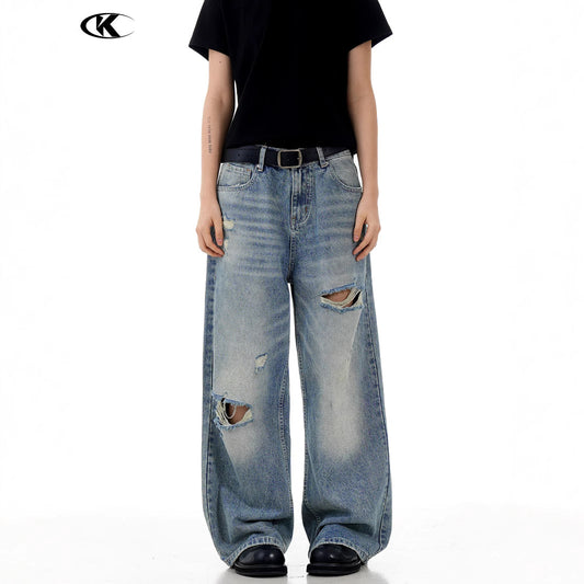 Blue Straight Hole Denim Pants for Men and Women - Loose Fit A-Line Wide Leg Casual Long Trousers