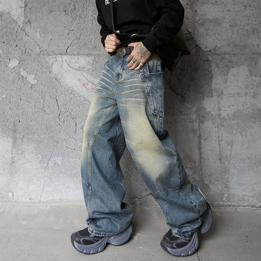 Vintage Washed Blue Denim Pants with Letter Embroidery for Men