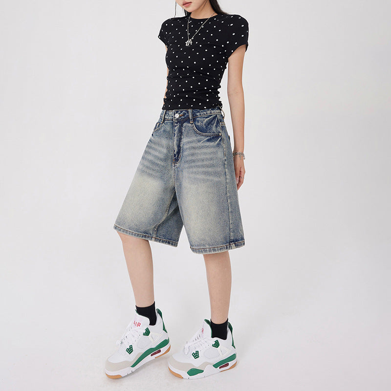 Orange Silk Women's Vintage Washed Denim Shorts Five-Quarter Pants