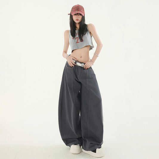 Women's Deep Gray Loose Wide-Leg Work Pants with Splicing and Knife-Edge Design