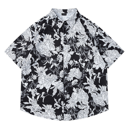 Hawaiian Retro Dark Floral Casual Short Sleeve Shirt for Men