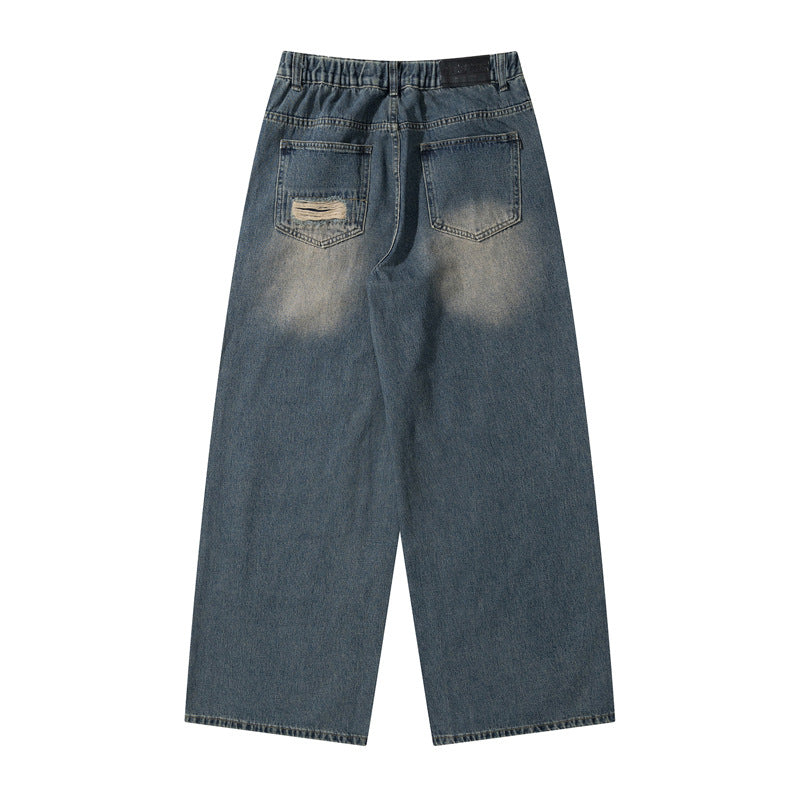 Retro Patchwork Distressed Design Unique Denim Pants Unisex  Loose Straight Leg Trousers