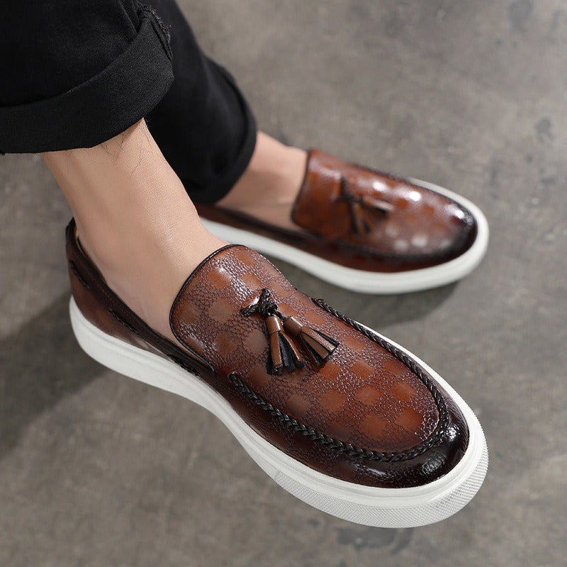 Breathable Leather Loafers with Checkered Pattern