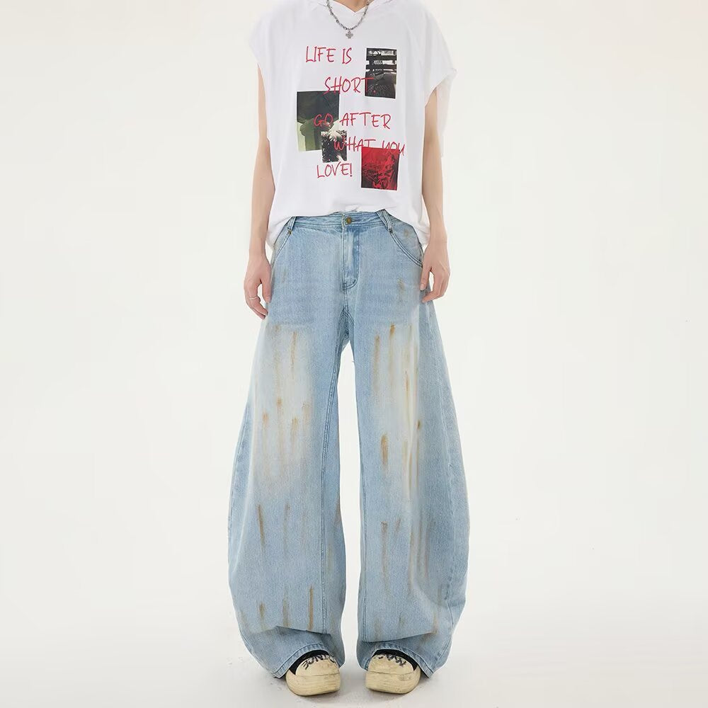 Distressed Wide-Leg Floor-Length Denim Pants with Curved Knife Design