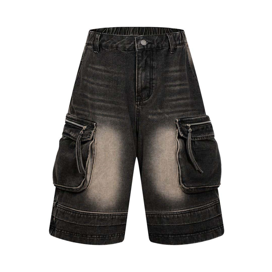 Washed Multi-Pocket Workwear Denim Shorts - Unisex Loose Fit