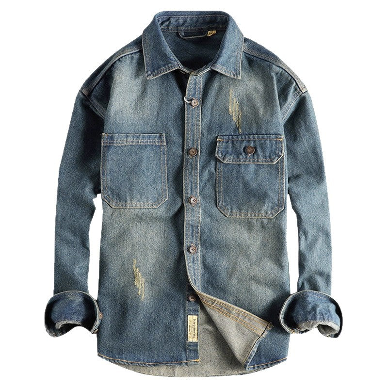 Sleeve Patchwork Vintage Washed Denim Shirt Unisex Loose Fit