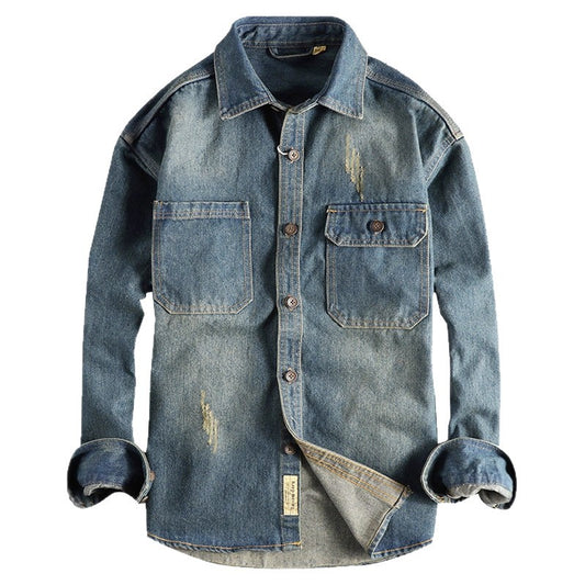 Sleeve Patchwork Vintage Washed Denim Shirt Unisex Loose Fit
