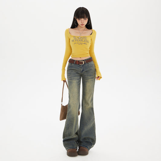 Flared Denim Pants for Women - Low Waist Slim Wide Leg Elastic Floor-Length Trousers