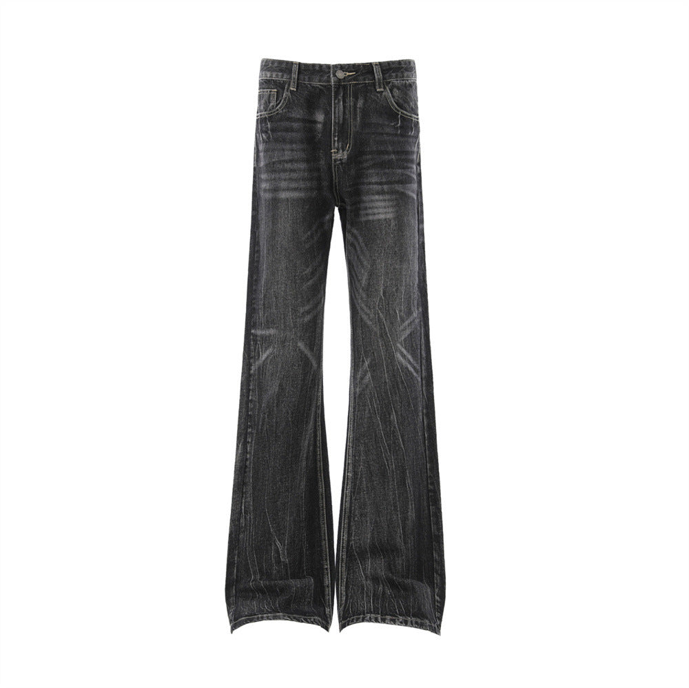 Washed Denim Bell Bottoms — Mid-Rise Flared Jeans with Zipper Fly (Black, Dark Blue)