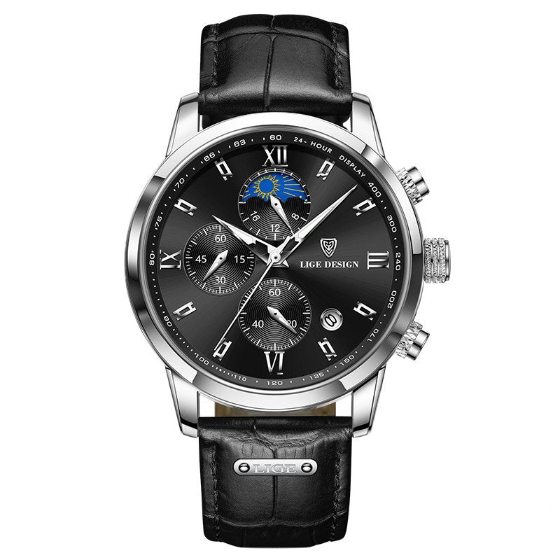 Men's Quartz Watch Multifunction Chronograph Moon Phase Quartz Movement Waterproof Watch