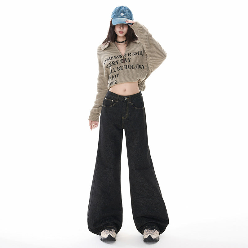 Women's Black Denim Flared Pants - Loose Fit Wide Leg Tapered Bottoms for Summer
