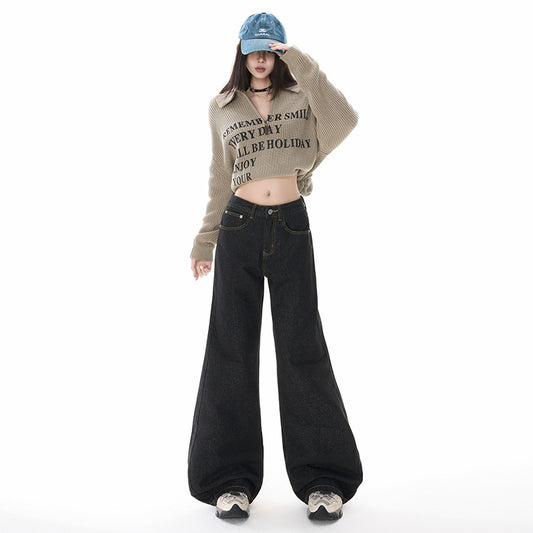 Women's Black Denim Flared Pants - Loose Fit Wide Leg Tapered Bottoms for Summer