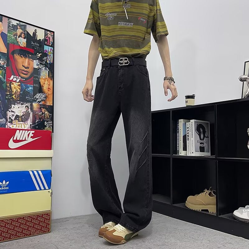 Retro Blue Washed Pleated Gradient Curved Knife Jeans