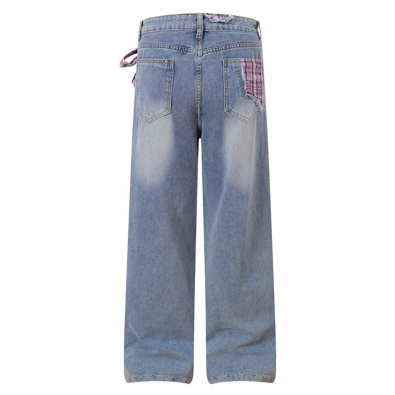 Plaid Denim Pants for Women - Loose Straight Wide-Leg Trousers
