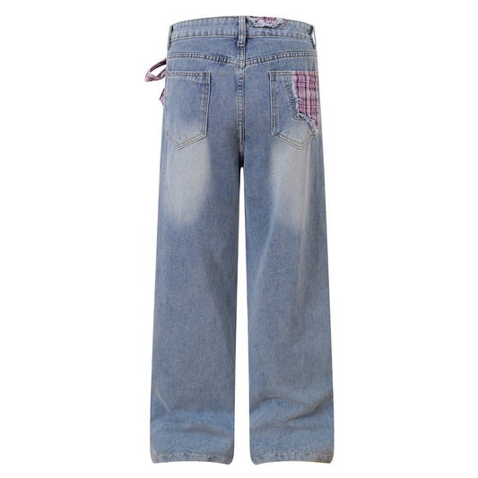 Plaid Denim Pants for Women - Loose Straight Wide-Leg Trousers