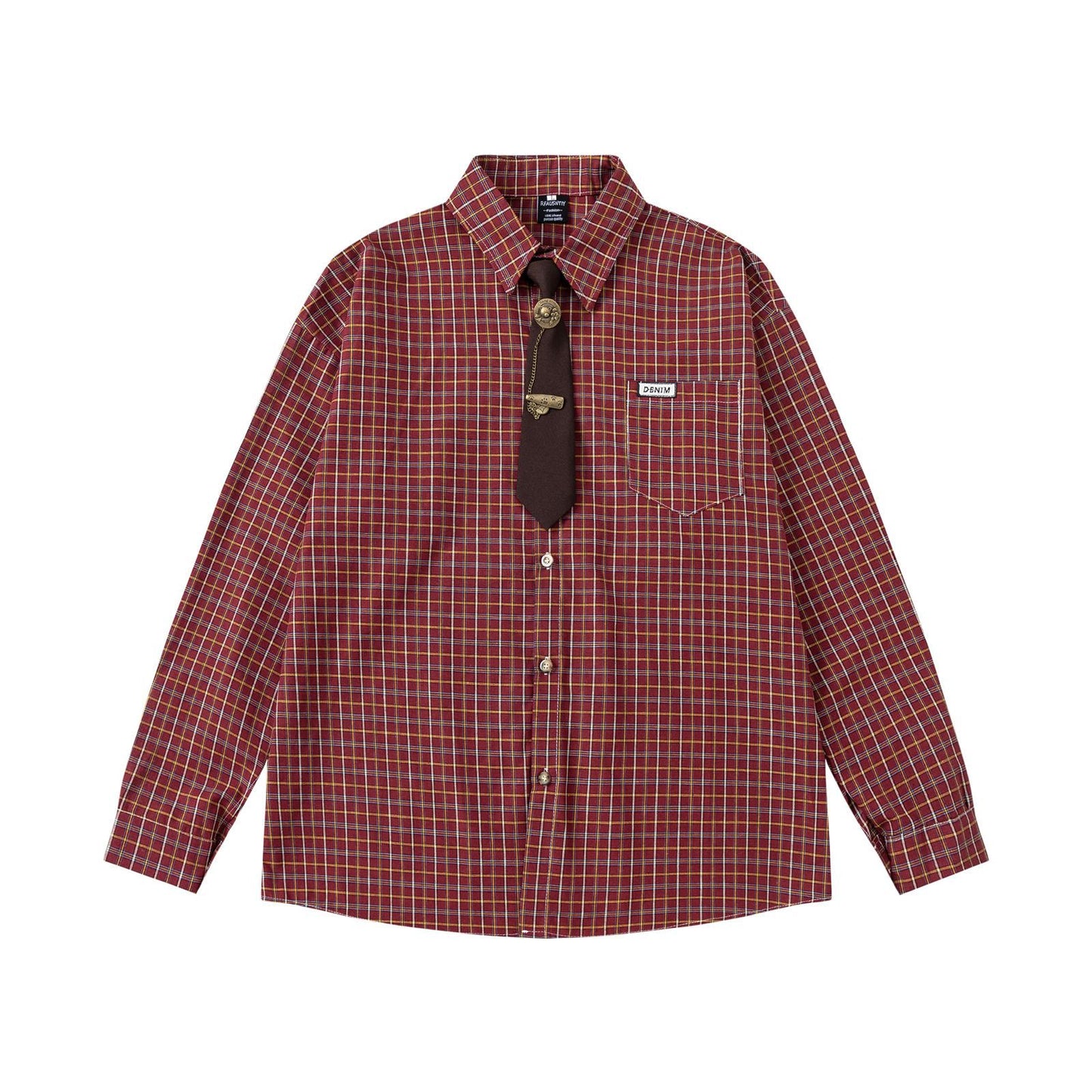 College Style Plaid Tie Long Sleeve Shirt