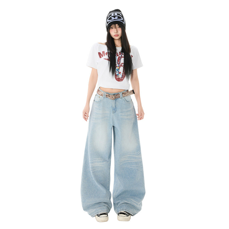 Washed Cat-Whisker Denim Pants for Women - Loose Drape Slimming Wide Leg