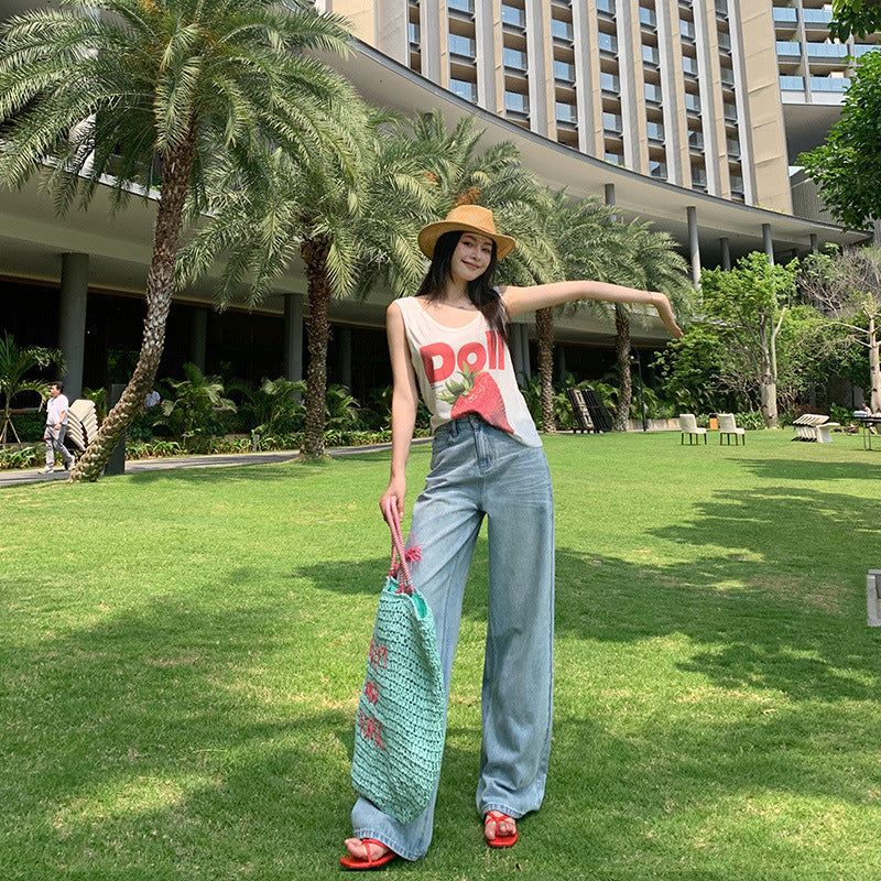 Women's Lightweight Washed Denim Summer High-Waist Wide-Leg Trousers