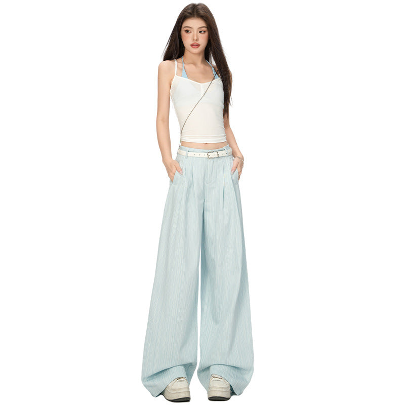 Women's Mint Blue High-Waisted Loose Pleated Denim Straight Leg Wide-Leg Pants