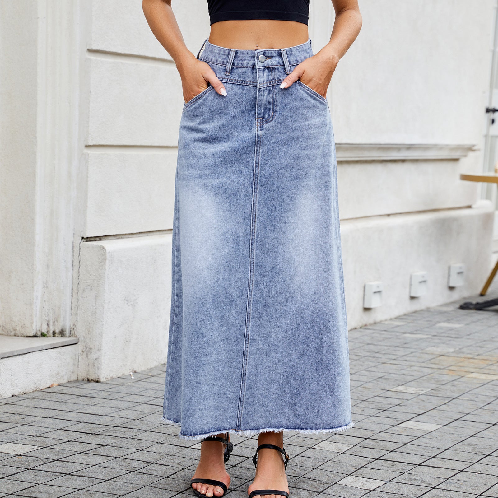 Chic High-Waisted Denim Midi Skirt for Women with Pockets