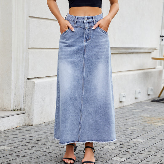 Chic High-Waisted Denim Midi Skirt for Women with Pockets
