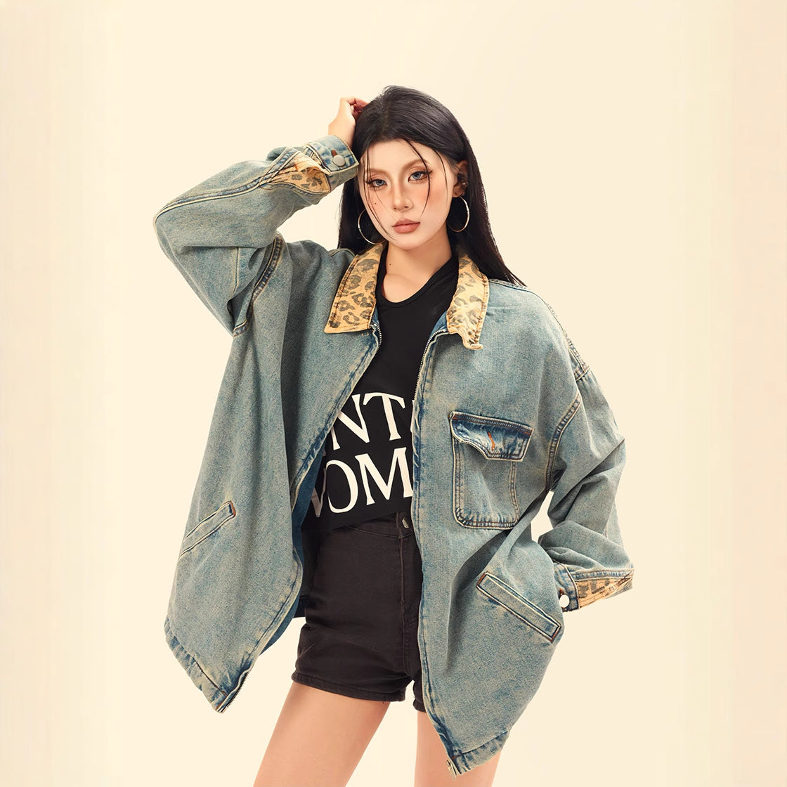 Distressed Denim Jacket with Contrasting Collar and Zipper