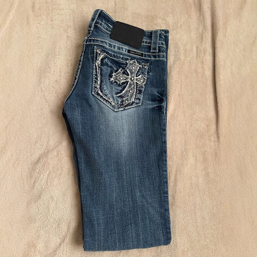 Millennial Spicy Girl Denim Pants with Cross Embroidery Casual Low Waist Slimming Long Trousers