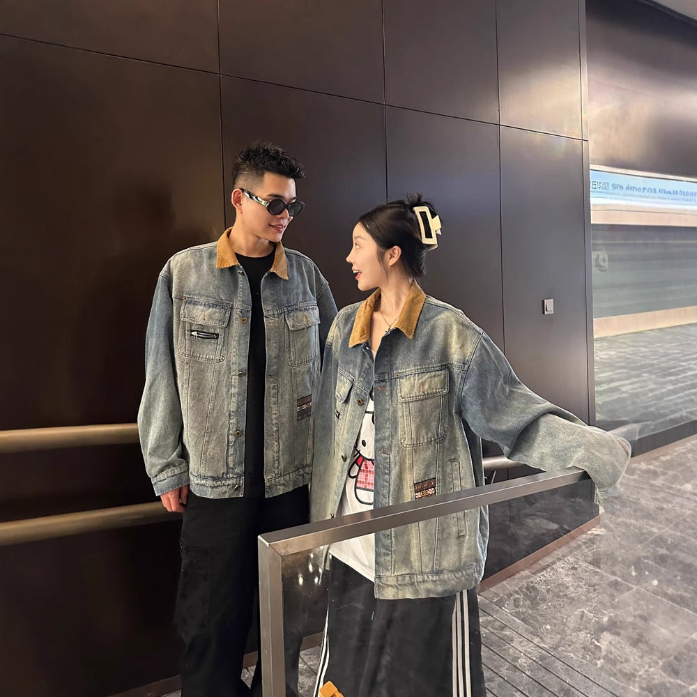 Casual Vintage Stitched Denim Jacket with Flip Collar for Men and Women