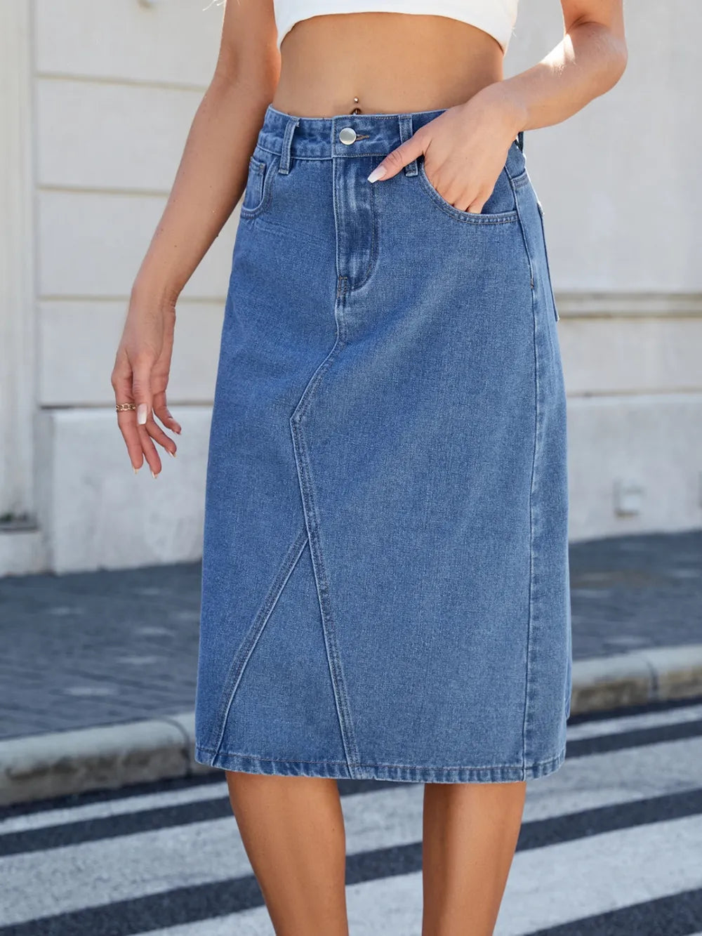 Luxury Japanese Denim Midi Skirt with Back Slit
