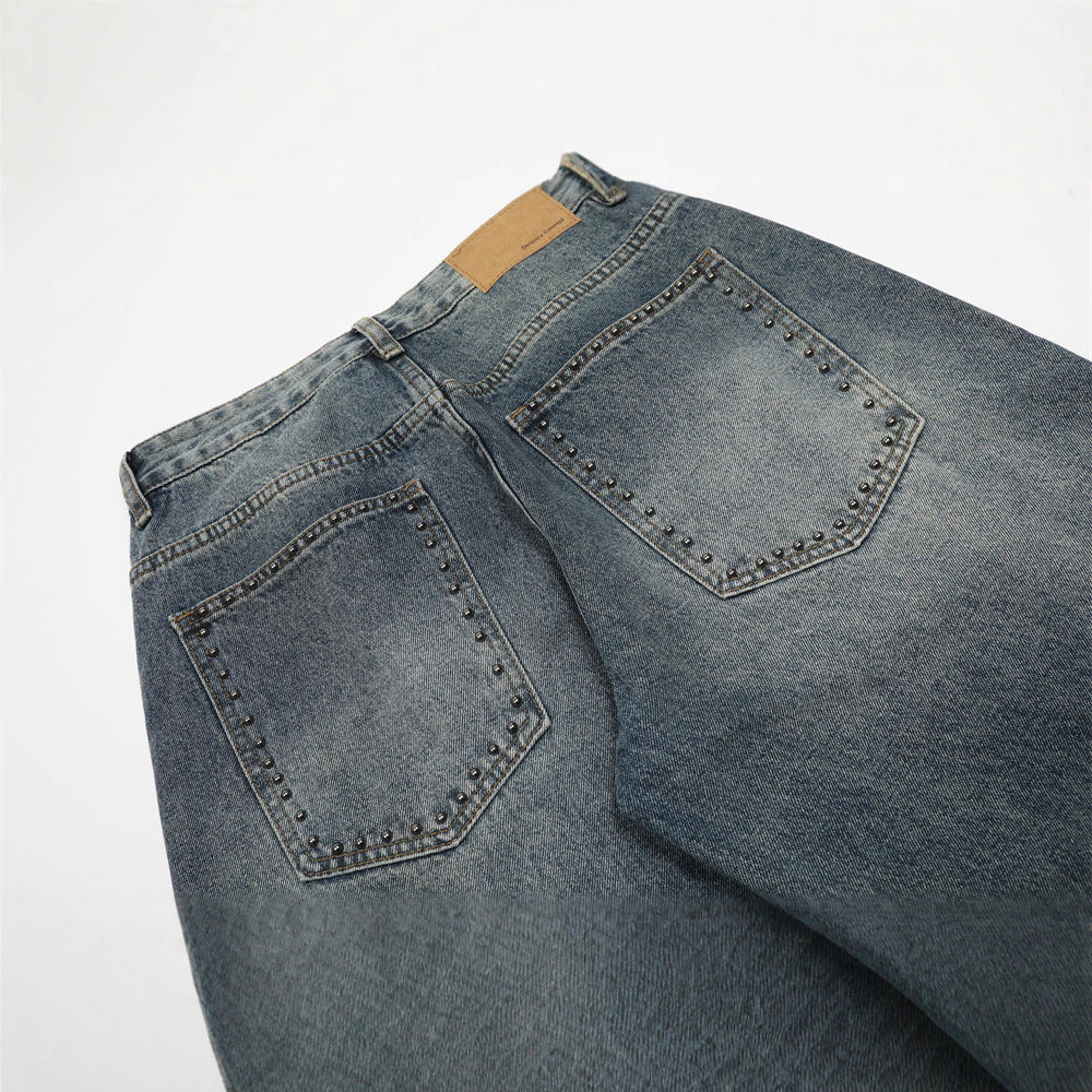 Men's Denim Pants, Patchwork Cat Whisker Design Loose Fit, Casual Wide Leg Jeans for Men