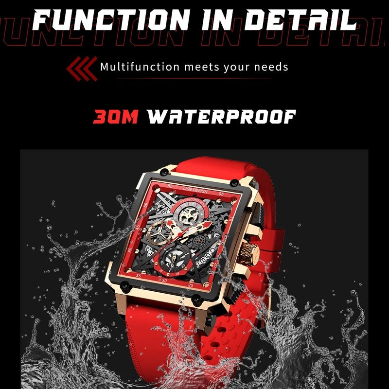 Men's Watch Square Multifunction Chronograph 30M Waterproof Watch