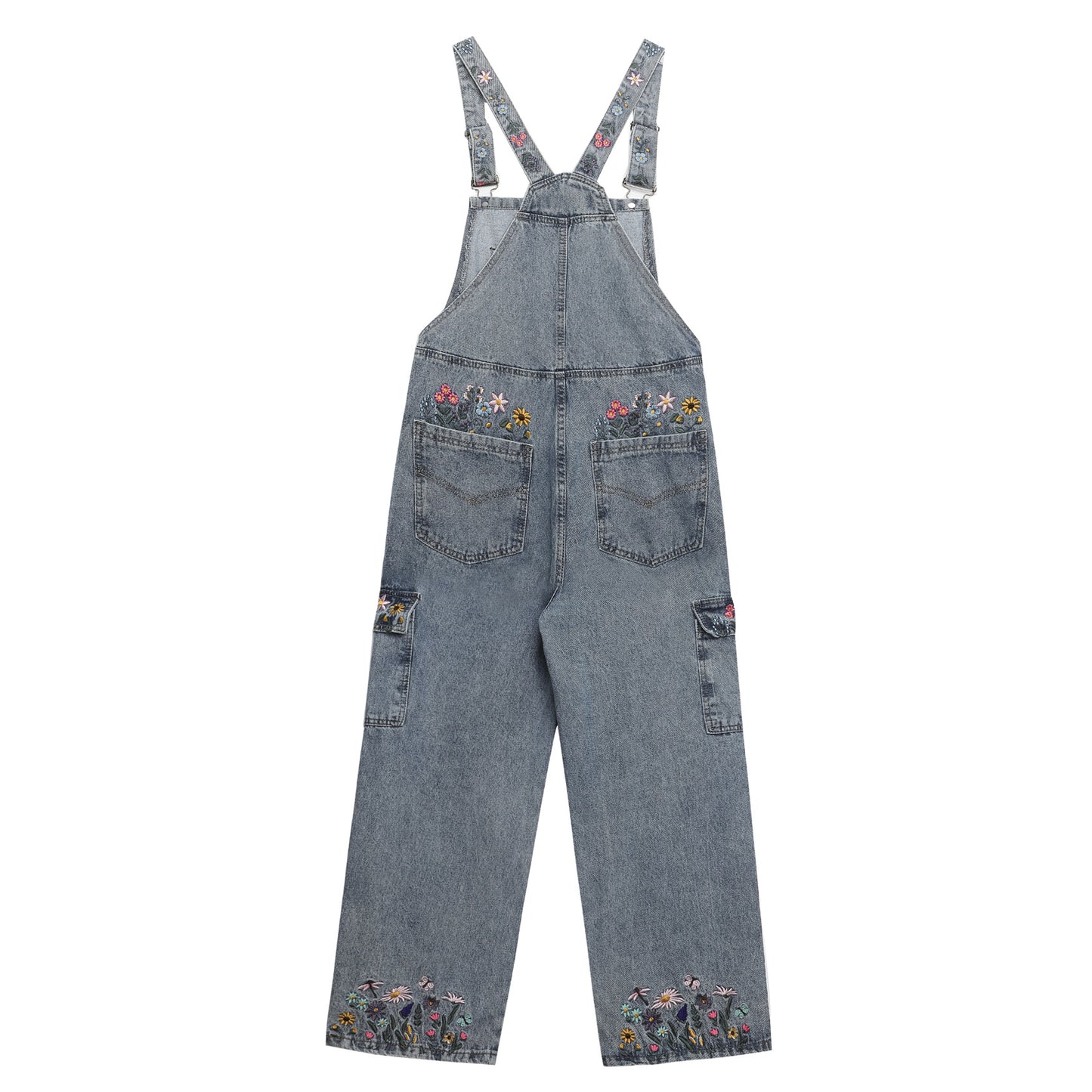 Washed Floral Letter Embroidery Denim Overalls Unisex High Street Retro Loose Jumpsuit