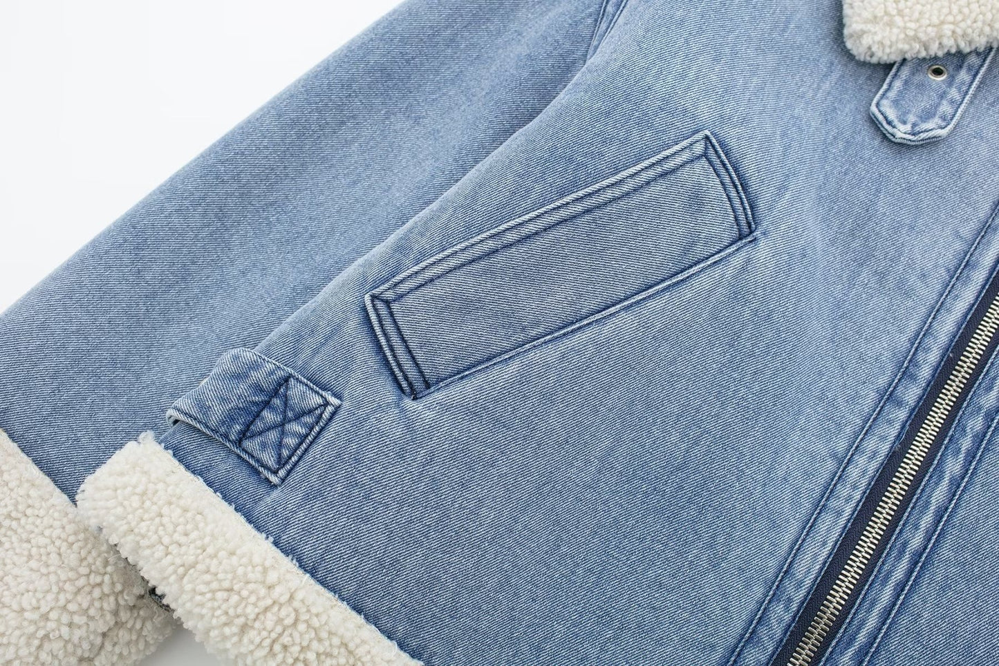 Women's Fashion Retro Denim Zip Lapel Long Sleeve Fleece Bomber Jacket