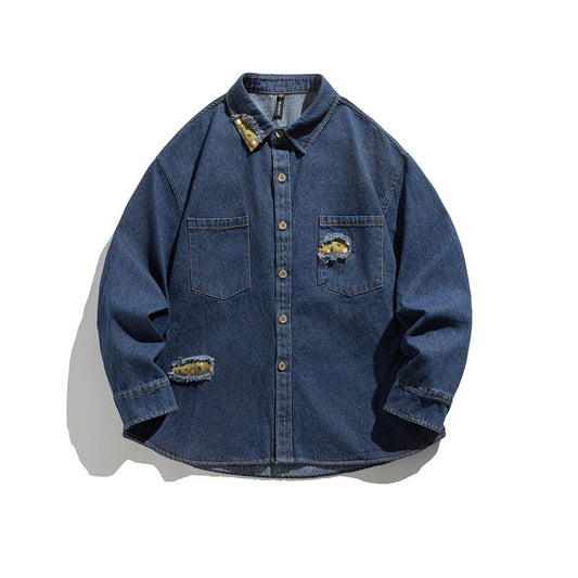Washed Solid Color Distressed Denim Shirt