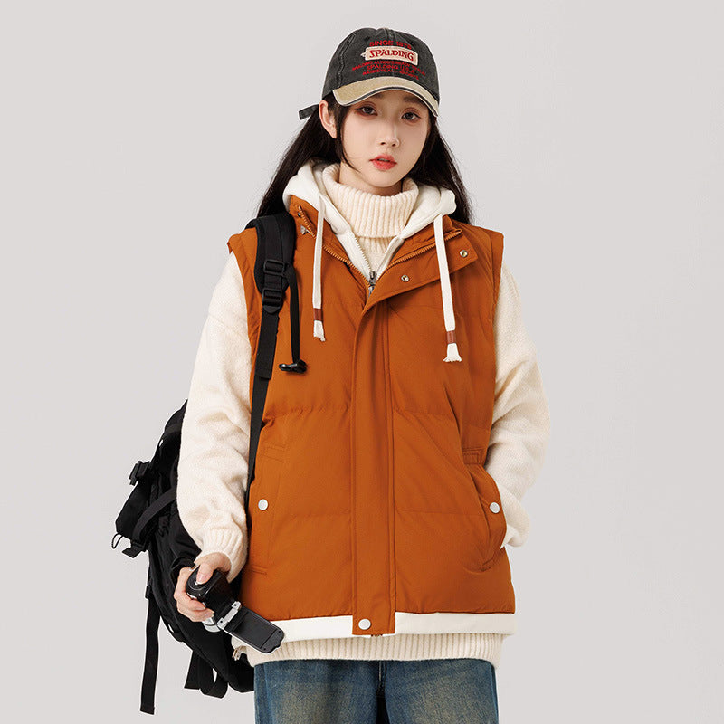 Down Cotton Vest Faux Two-Piece Loose Couple Hooded Jacket