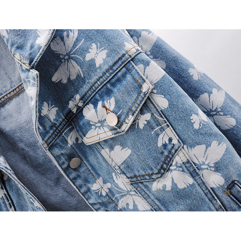Women's Blue Butterfly Print Denim Jacket - Casual Loose-Fit Short Coat