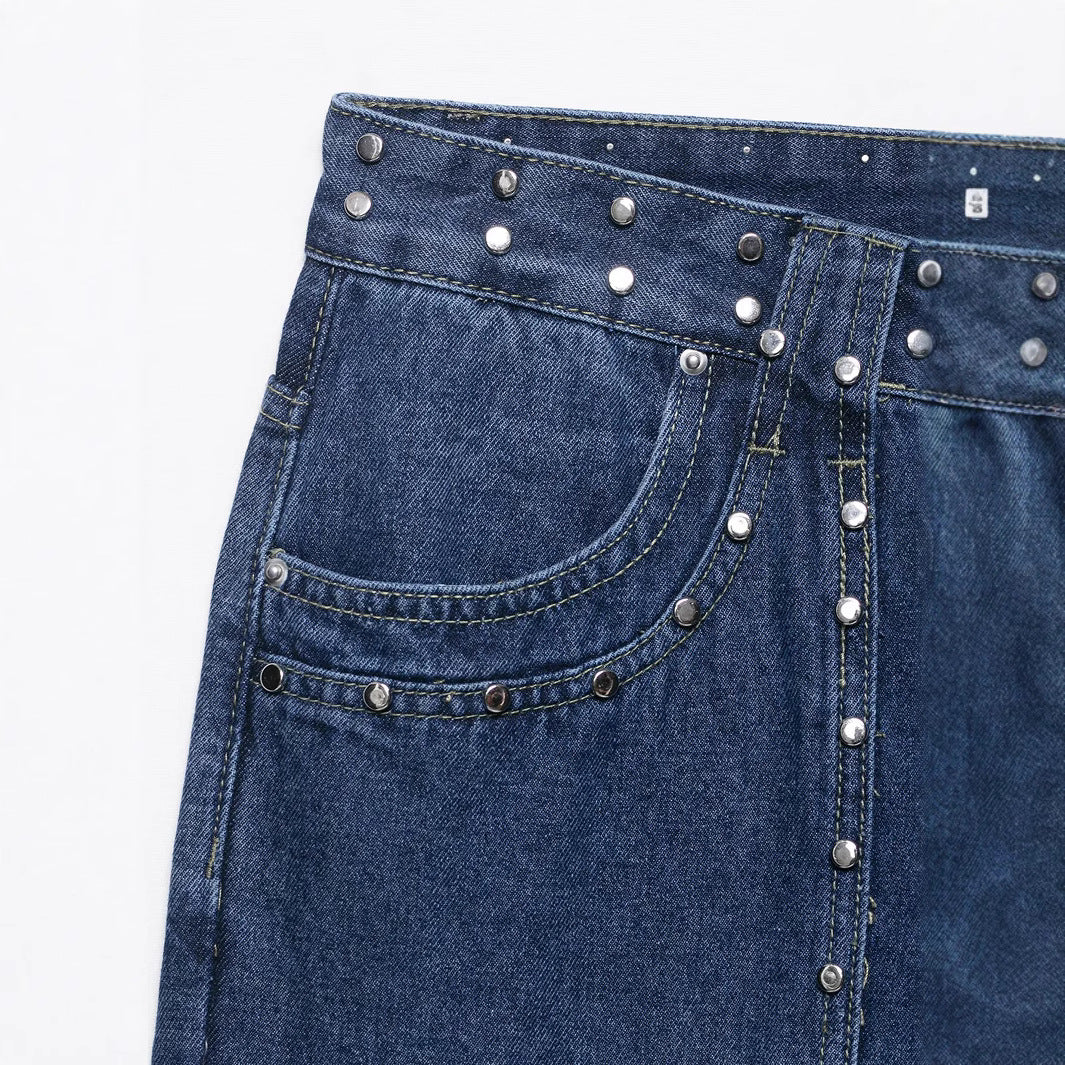 Women's European and American Style Studded Embroidered Straight Leg Jeans