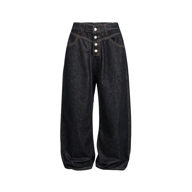 Wide Leg Jeans with Buttons - Floor Length Pants