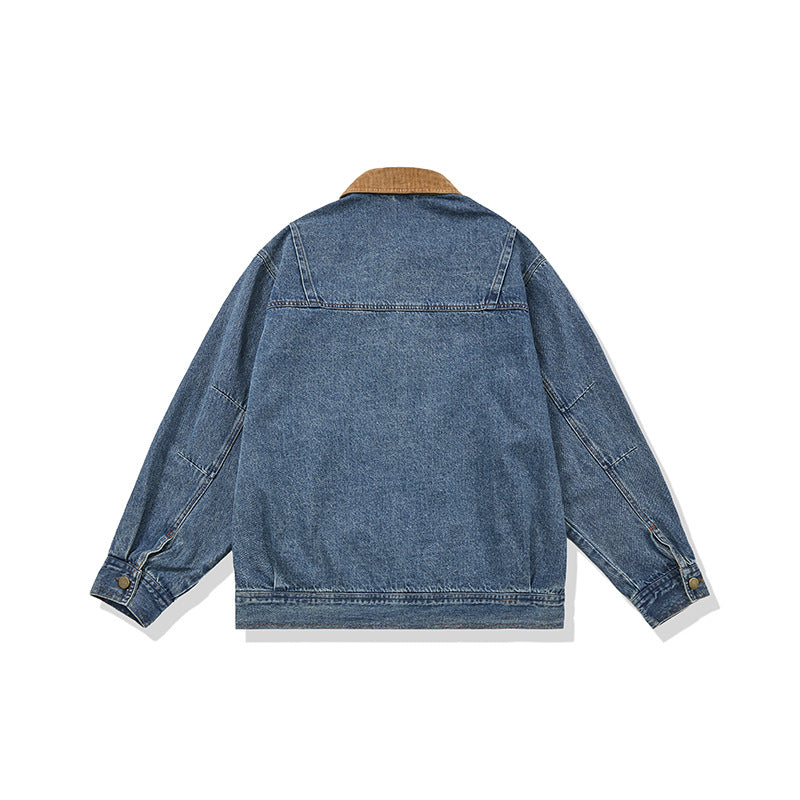 Color-blocked Turn-down Collar Loose  Denim Jacket