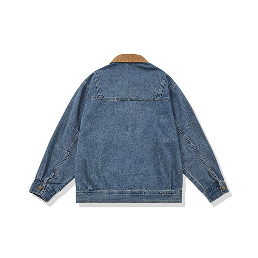 Color-blocked Turn-down Collar Loose  Denim Jacket