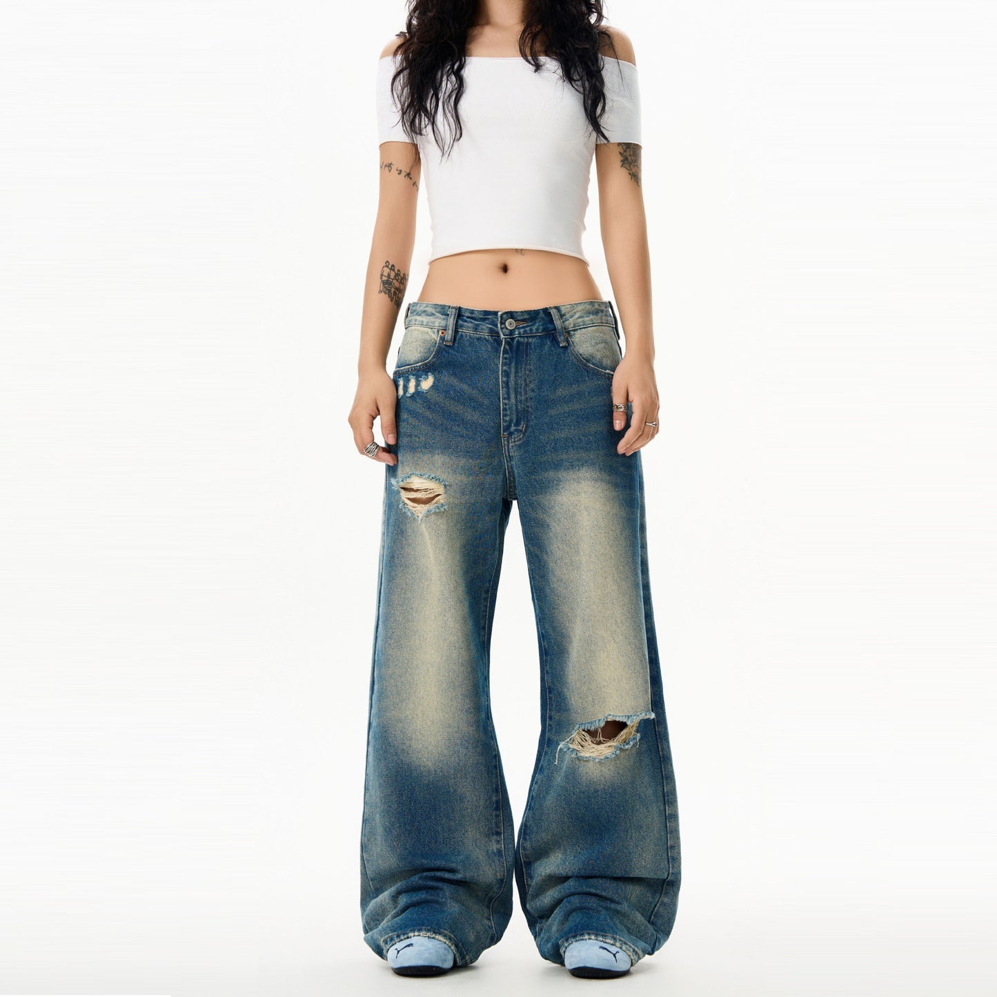 Washed Retro Blue Denim Loose Casual Straight Leg Pants