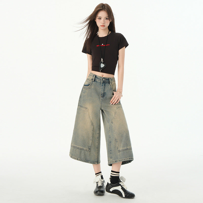 High-Waisted Women's Denim Pants - Vintage Loose Wide-Leg Cropped Style