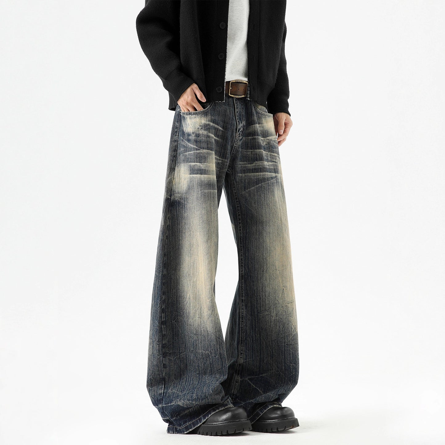 Lightning Pattern Denim Pants - High Street Washed Distressed Wide Leg