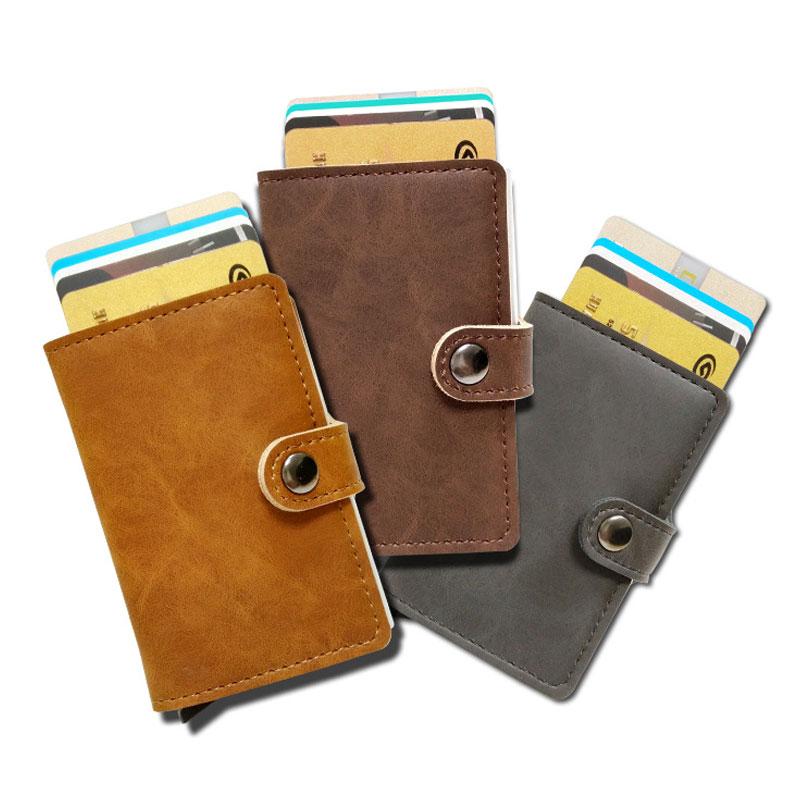 RFID Protected Vintage Automatic Leather Credit Card Holder for Men - Aluminum Alloy Hasp Business ID Multifunction Cardholder Wallet
