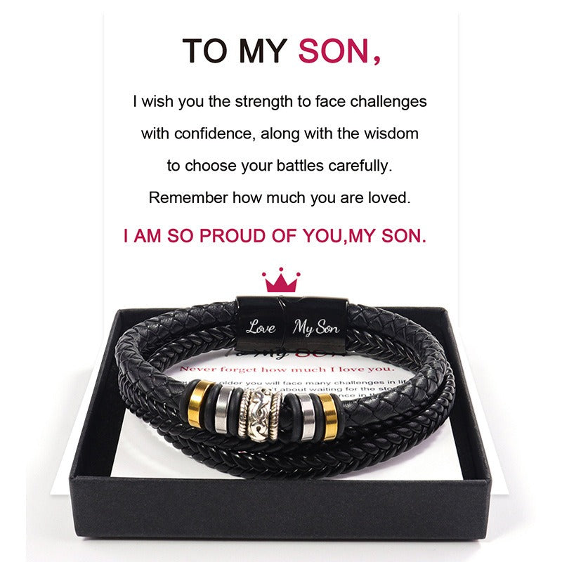 Men's Leather Bracelet with Stainless Steel Magnetic Clasp - I Love You Engraved Multi-layered Black Leather Cord Bracelet